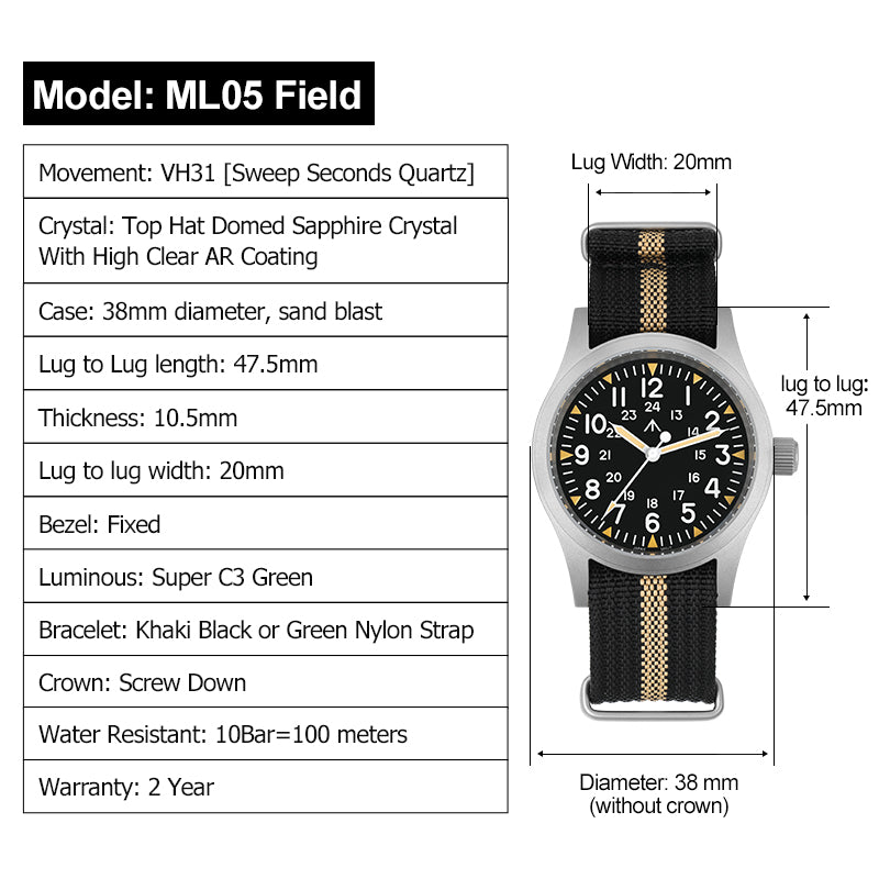 ★Flash Sell ★ Militado 38mm Field Watch ML05 Date Window Version