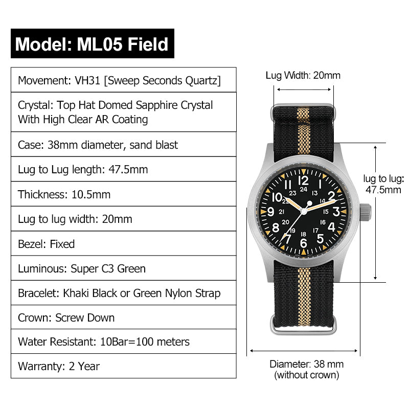 Militado 38mm Sapphire Crystal Field Military Watch ML05