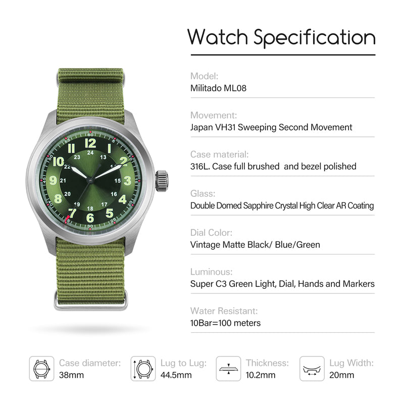 Militado 38mm Vintage VH31 Field Watch ML08