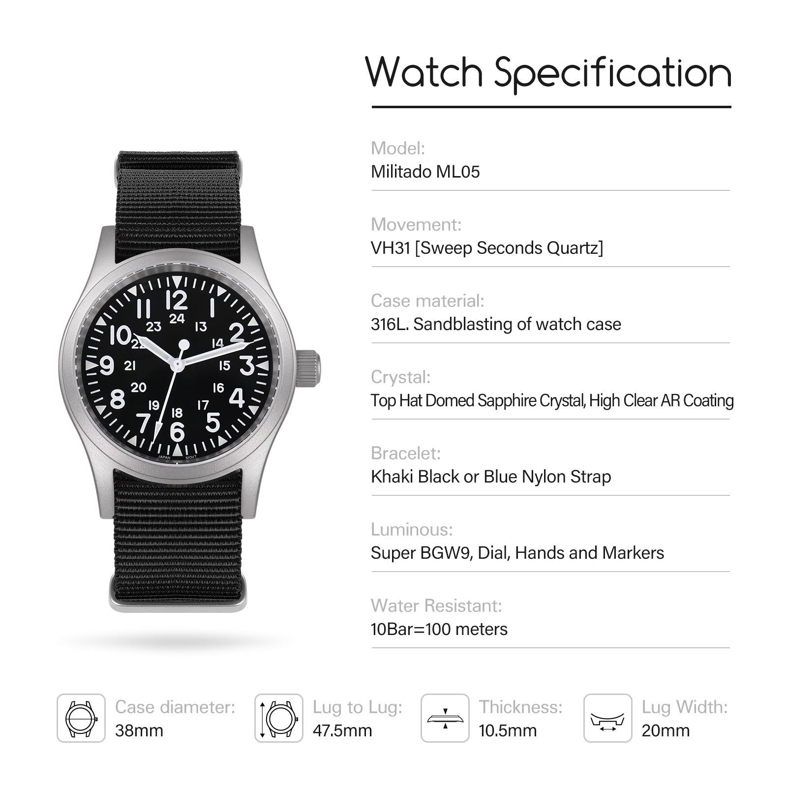 Militado 38mm VH31 Field Watch ML05