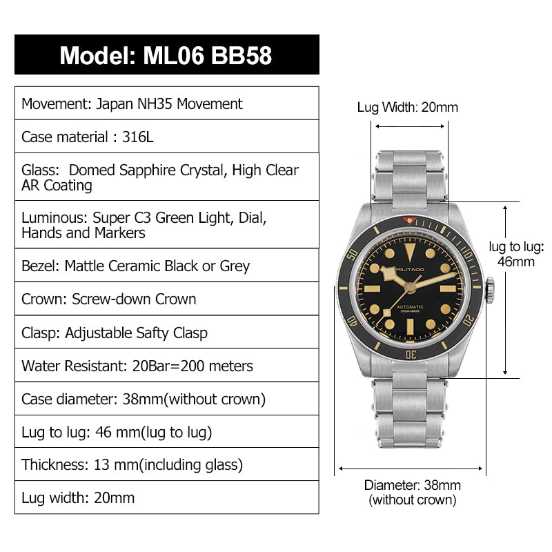 Militado 38mm NH35 Automatic BB58 Retro Watch ML06