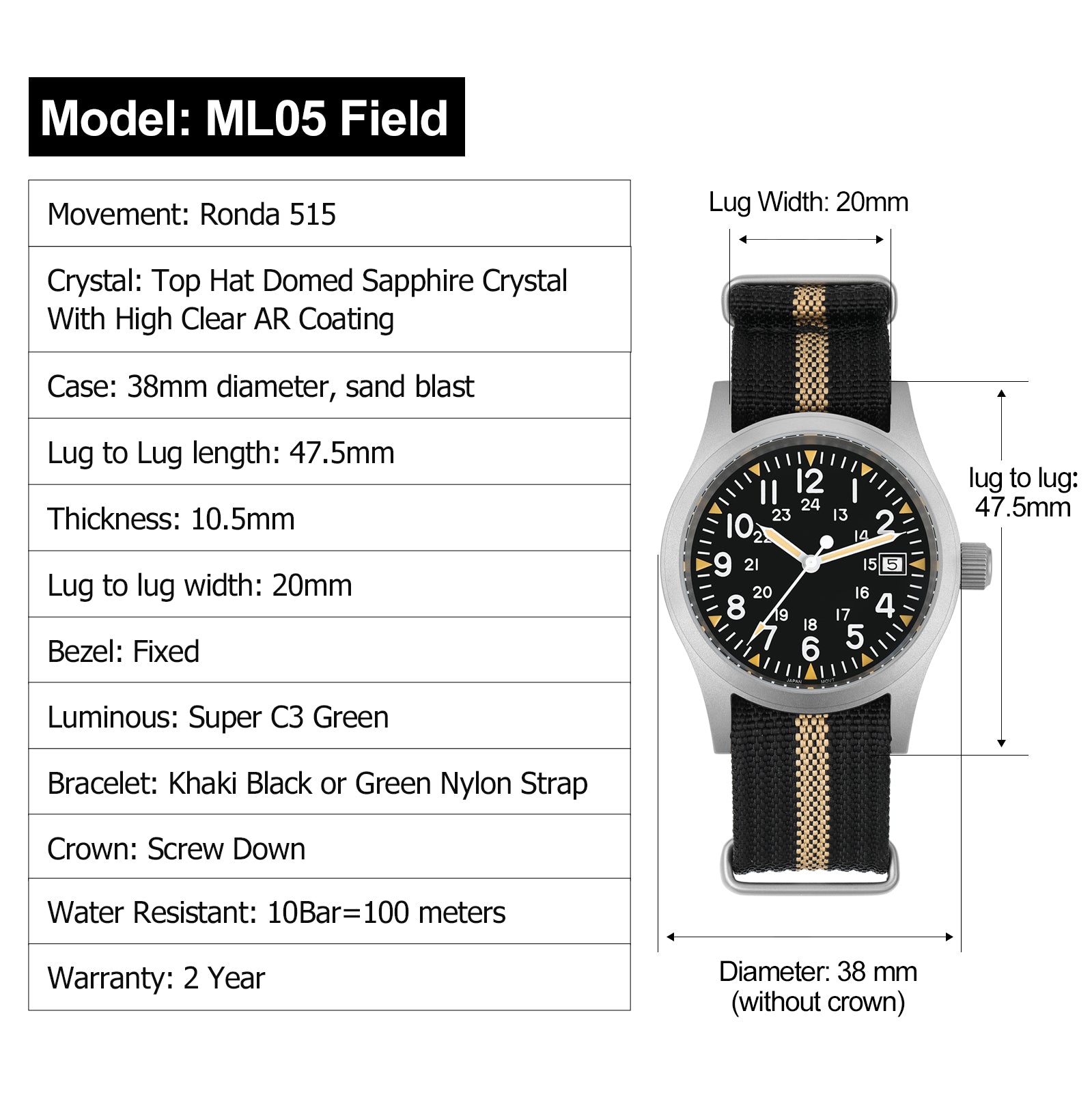 ★Flash Sell ★ Militado 38mm Field Watch ML05 Date Window Version